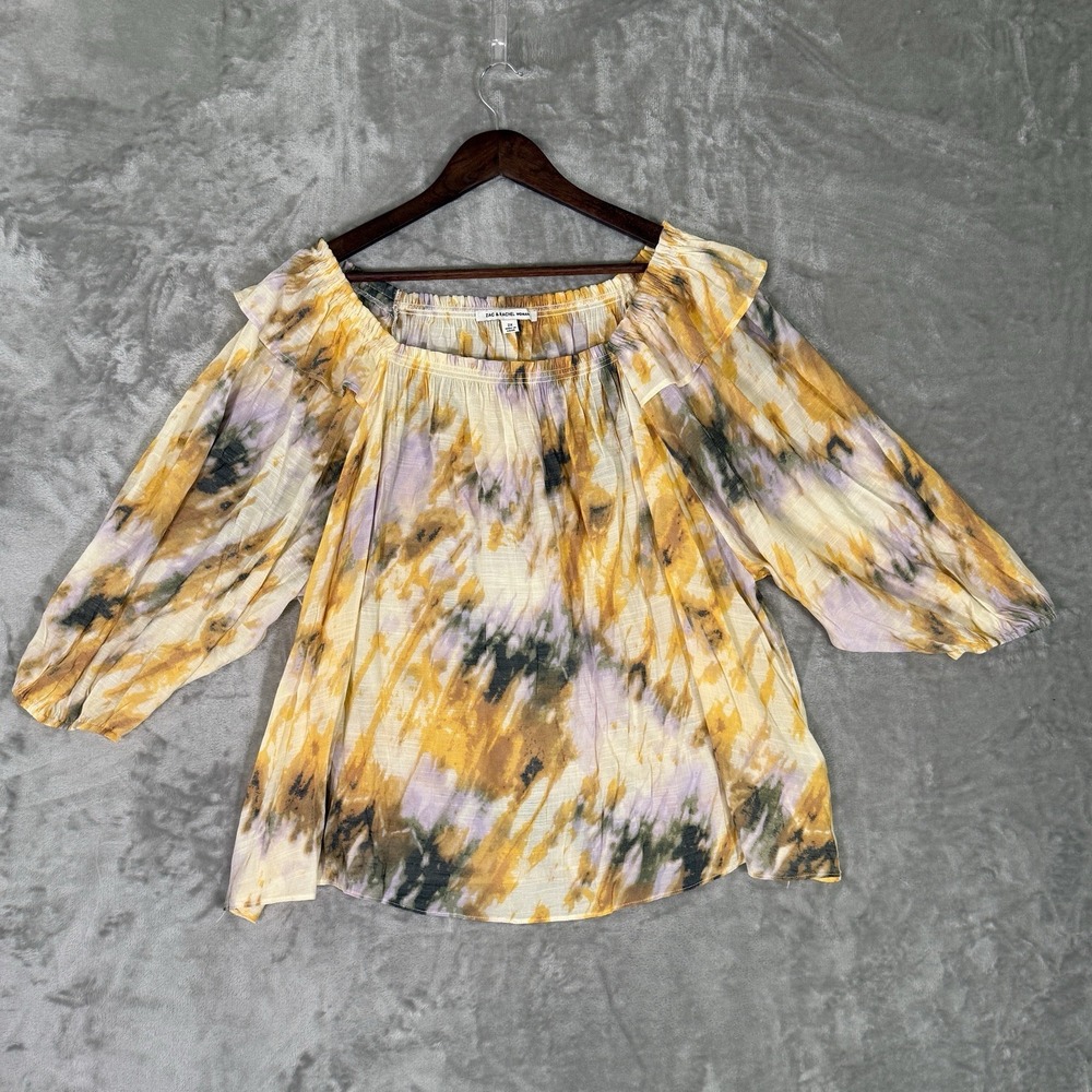 Zac & Rachel Peasant Blouse Womens 2X Yellow Tie Dye Ruffle Boho